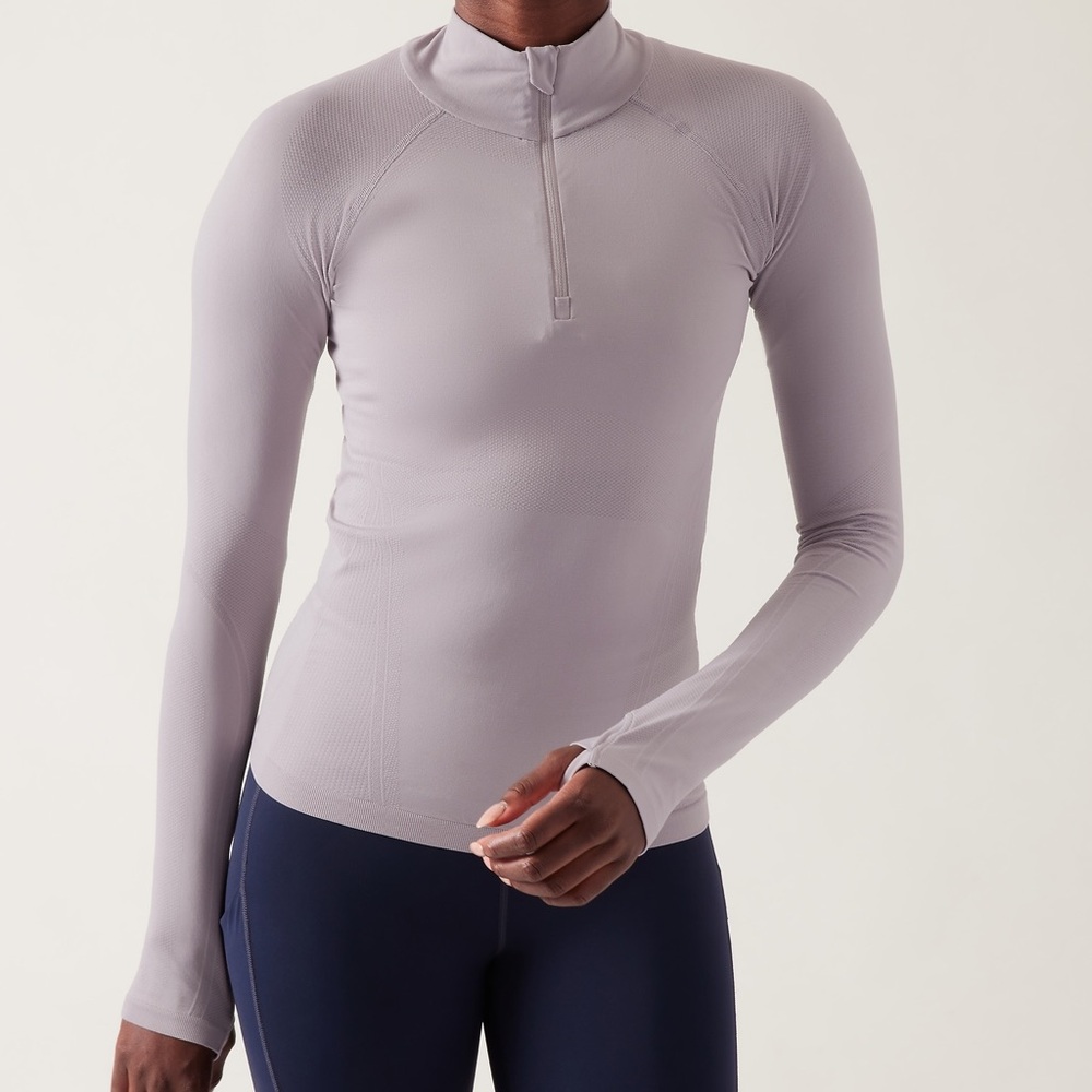 athleta light purple lilac momentum seamless half-zip long sleeve